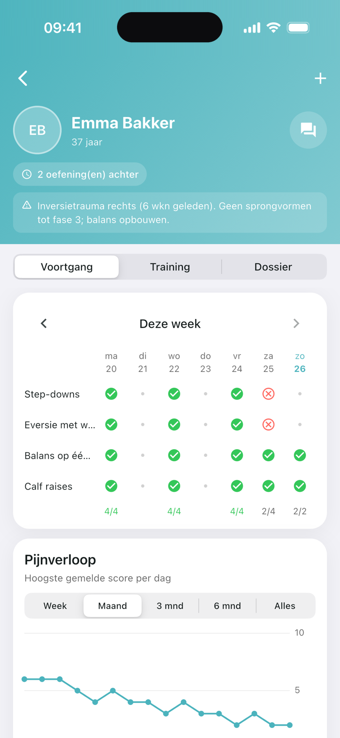 App-scherm van Physinexus