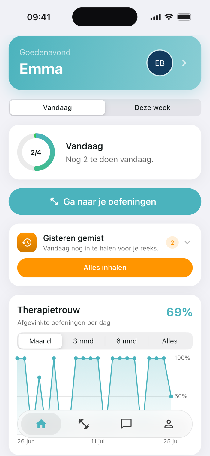 De Physinexus-app met het dagoverzicht van een patiënt